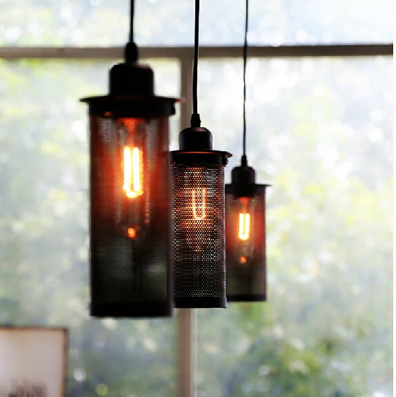 Edison cord hanging lamp Industrial Wind Vintage Cage pendant lights dinning room Metal Iron Mesh Cylinder lighting | Лампы и