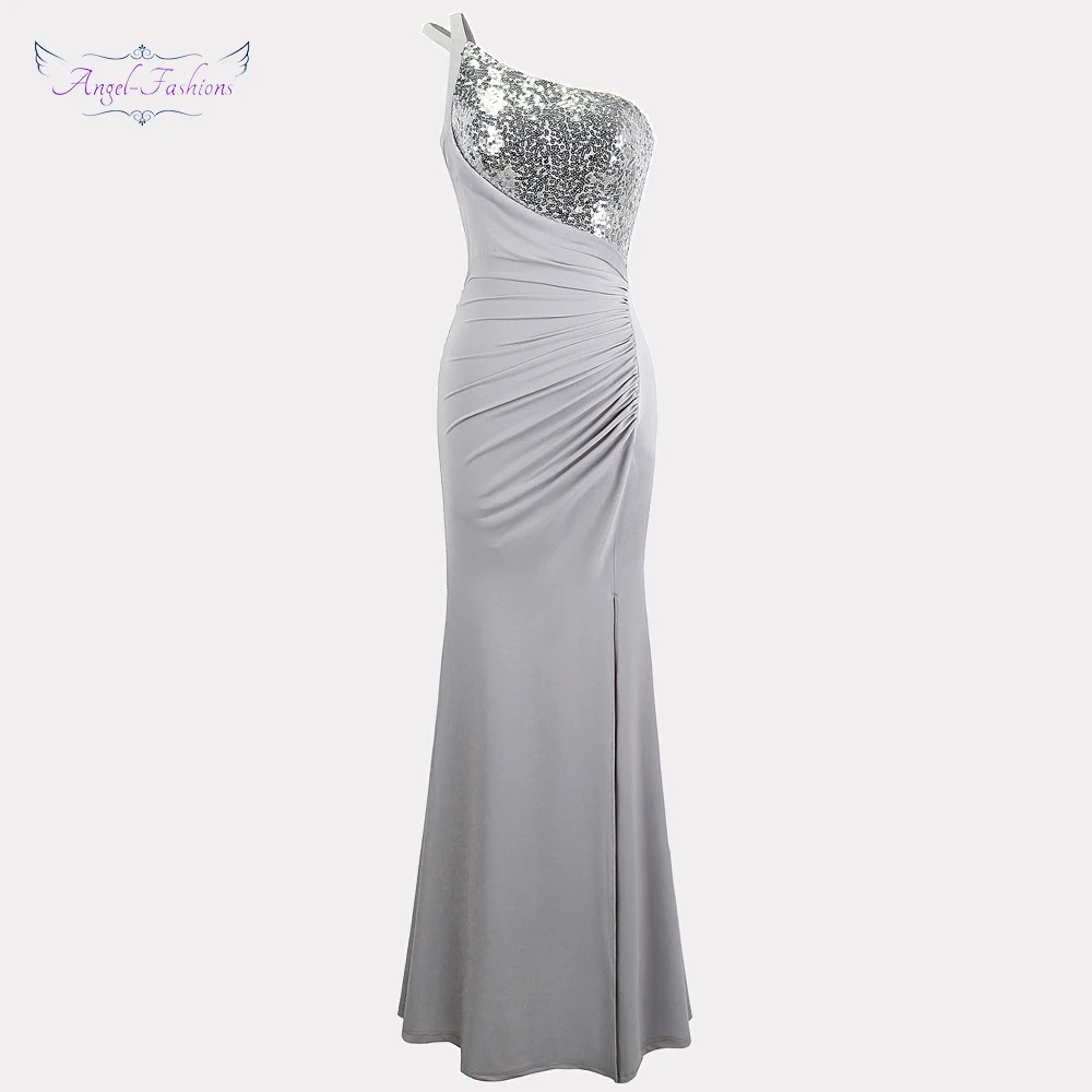 Angel Fashion женские вечерние платья на одно плечо плиссированные с блестками серого