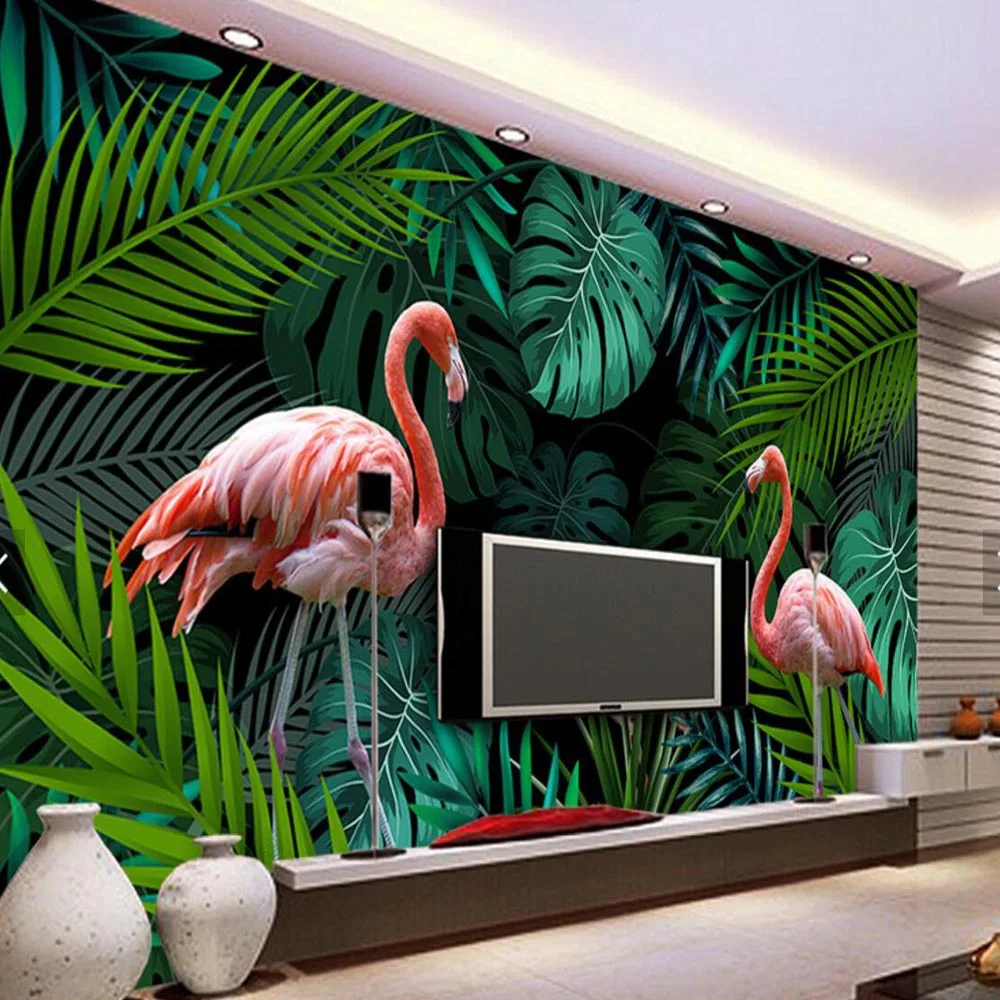 

Tropical Rain Forest Plant Leaves Flamingo Mural Photo Wallpaper for Bedroom Sofa Backdrop Murals Custom papier peint mural 3d