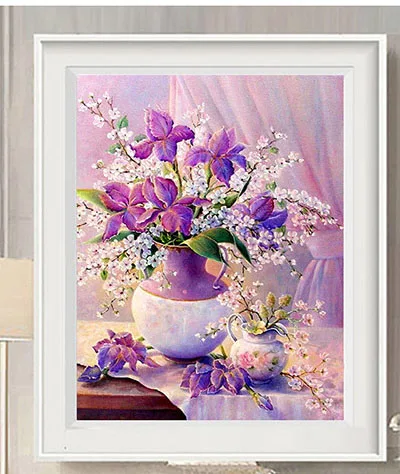 Purple Lilies QIANZEHUI Рукоделие, сделай сам художественная ваза крест с цветами розы стежка, наборы для вышивания набор печати полная вышивка крестом - Цвет: Purple Lilies