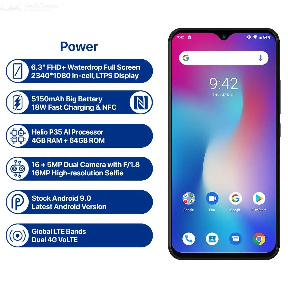 Глобальная версия смартфона UMIDIGI Power Android 9.0 большой аккумулятор 5150 мАч 18 Вт 6 3