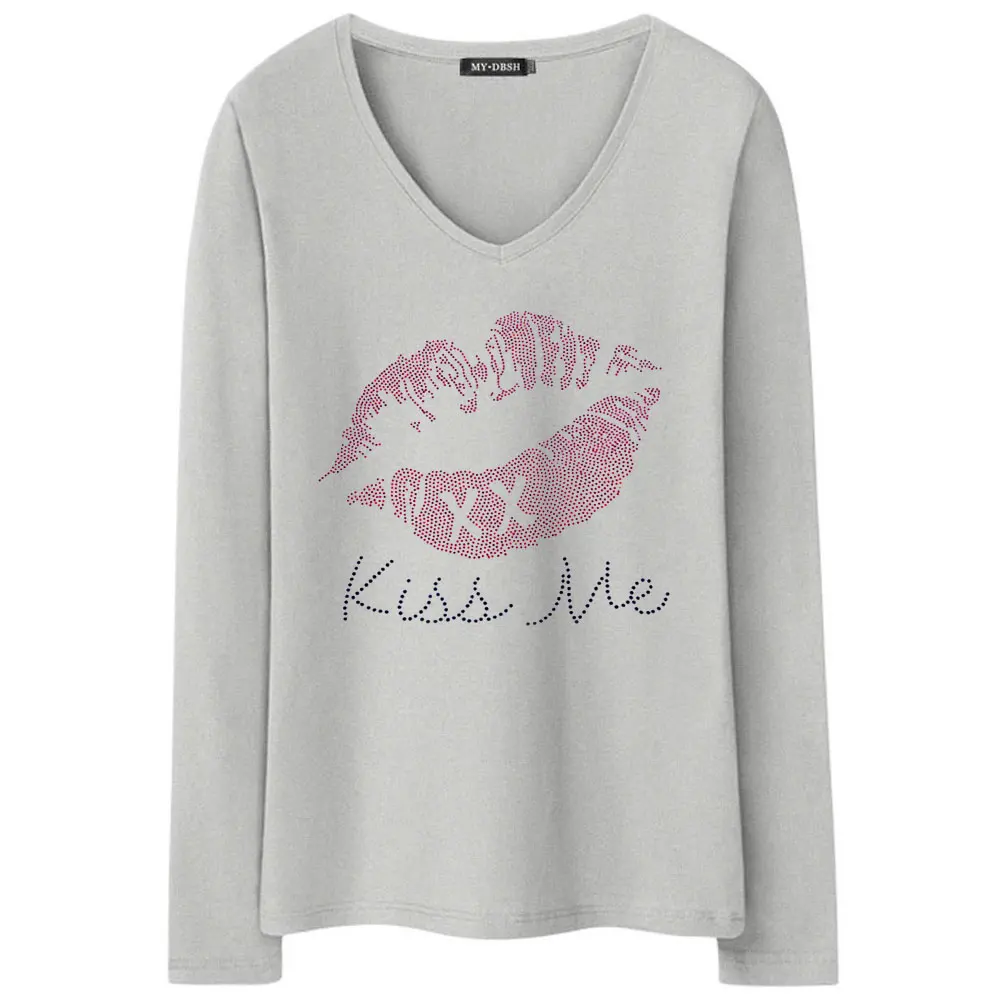 Новинка, летняя футболка со стразами и надписью Kiss Me Lips, новые модные женские футболки с длинным рукавом, женская одежда, хлопковые футболки - Цвет: T001-V-Pale-Gray