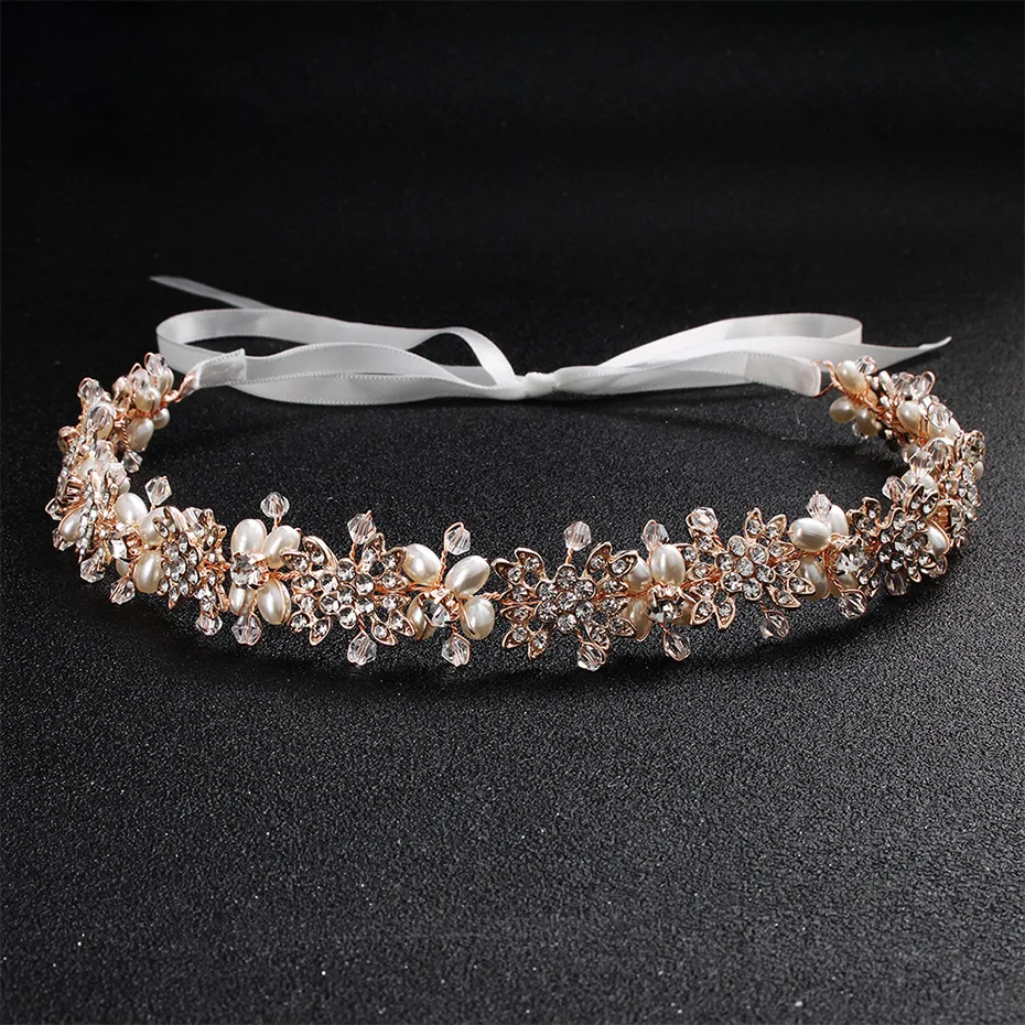 SLBRIDAL золотые Проводные Стразы Хрустальный жемчуг свадебная повязка на голову