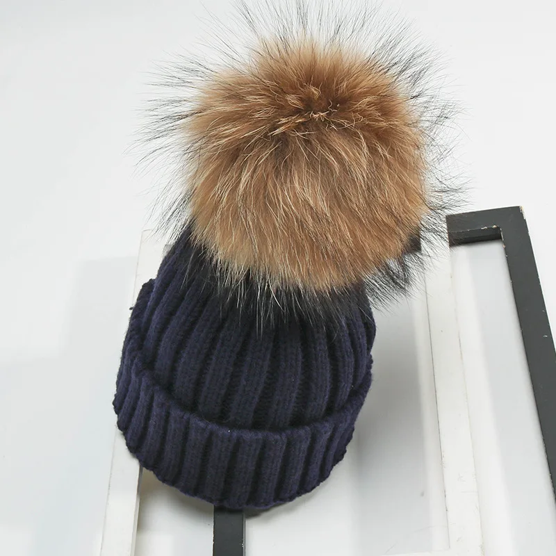 DANKEYISI зимняя детская шапка Skullies Beanies для мальчиков и девочек, меховая шапка с помпонами из натурального енота, Детские Вязанные Трикотажные Шапочки - Цвет: navy