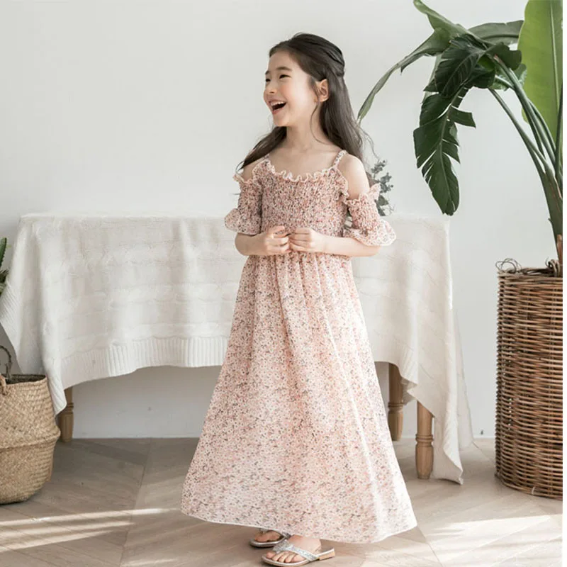 Summer 2021 Floral Maxi Long Dress Teen Girl Mother Daughter Clothes Big Girls Dresses Pink Green Beach Holiday Clothing | Детская