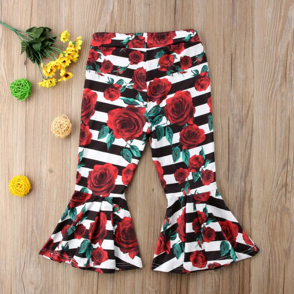 Детские брюки клеш для маленьких девочек длинные штаны в полоску с цветочным
