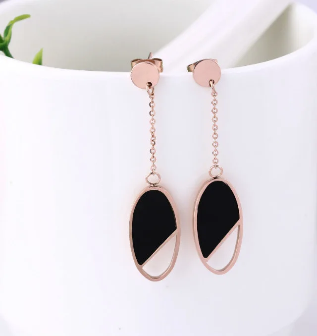 

YUN RUO Rose Gold Color Elegant Black Oval Stud Earrings for Woman Birthday Gift 316L Stainless Steel Jewelry Prevent Allergy
