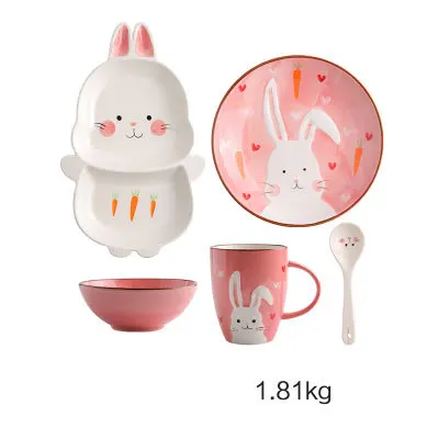 Cute Ceramica Plates Glazed Creative Hand Painted Bowl Spoon Set Breakfast Steak Children's Fruit Plate Animal Dish Cutlery - Цвет: V rabbit set