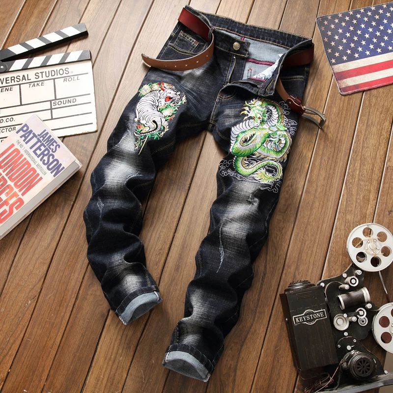 

2019 Brand Jeans Men Straight Denim 3d embroidery Plus Size 29-38 Fashion Casual Long Pants Trousers Brands Biker Jeans homme