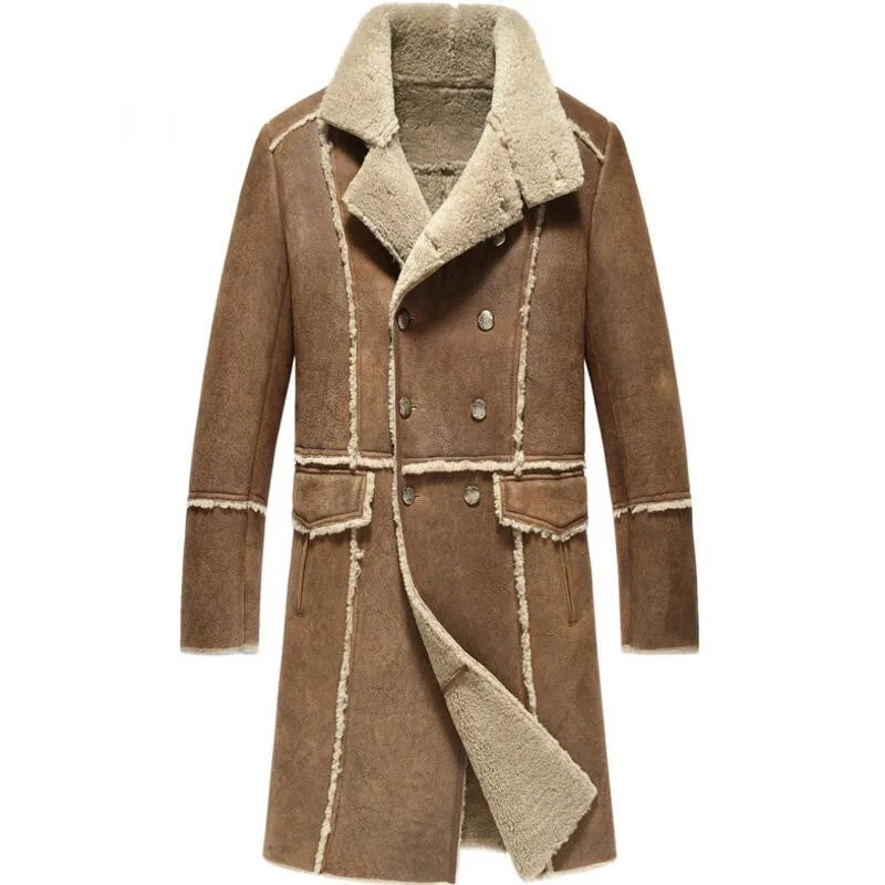 Роскошное шерстяное длинное пальто мужская зимняя куртка из овчины модная