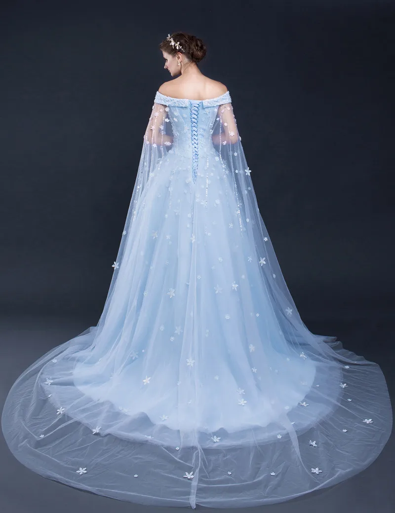 Роскошное светло-Голубое Бальное Платье с открытыми плечами и коротким рукавом