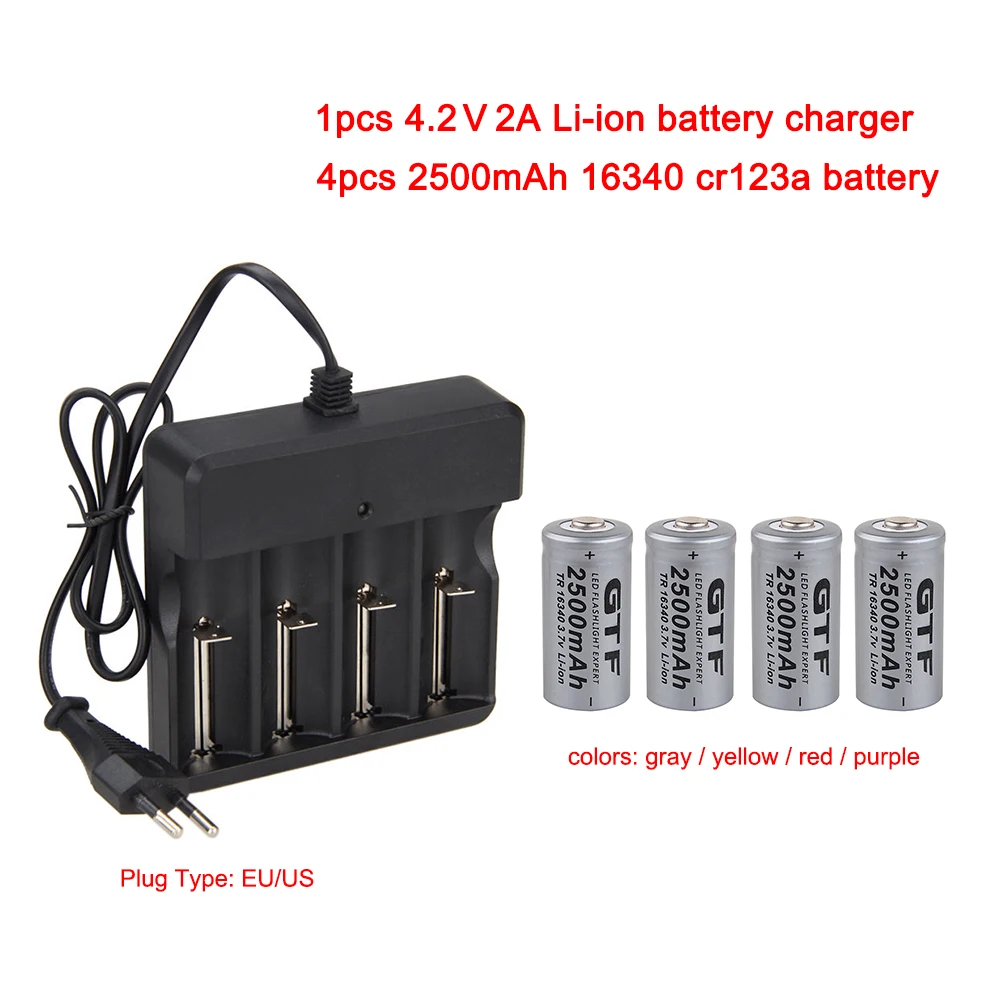 4 шт 3,7 V 2500mah 16340 аккумулятор CR123A литий-ионные аккумуляторы+ 1 шт EU/US 4,2 V 2A литий-ионный аккумулятор зарядное устройство AC100-240V