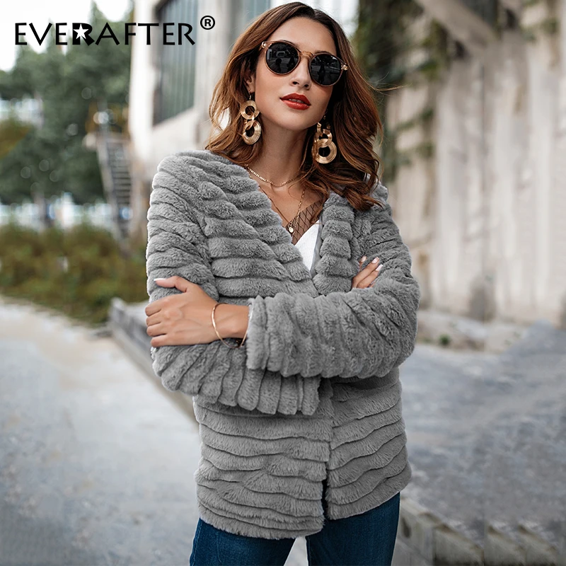 Женский меховой кардиган EVERAFTER элегантная теплая пушистая кофта серого цвета с