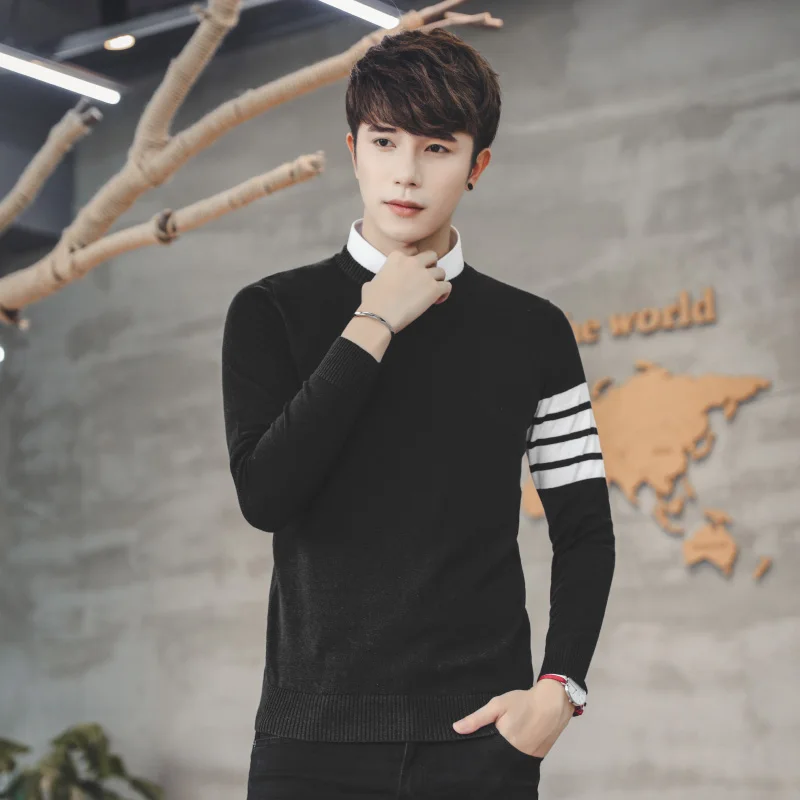 Мужской трикотажный пуловер из натурального хлопка с круглым вырезом и длинным