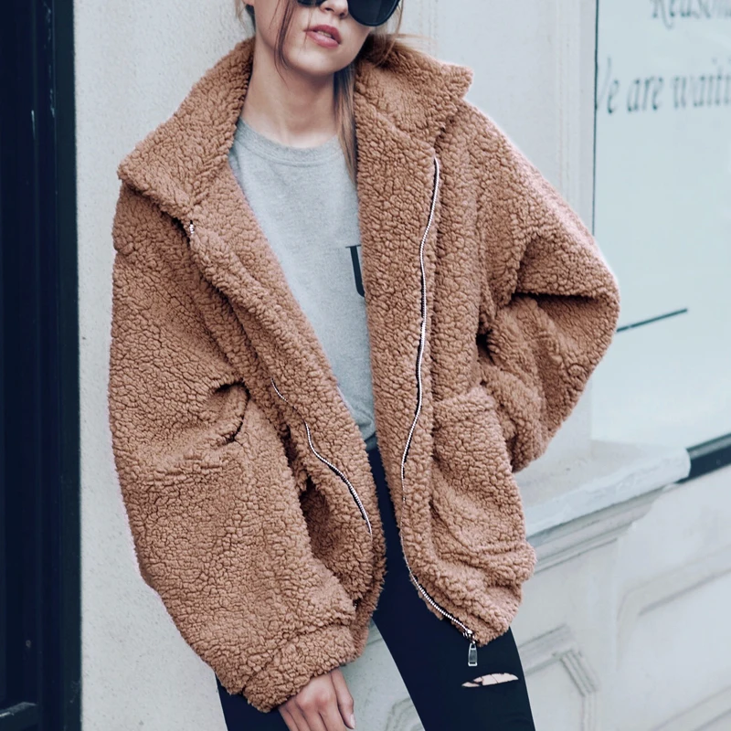 Женское пальто из ягненка винтажная Свободная куртка с карманами осенне зимнее