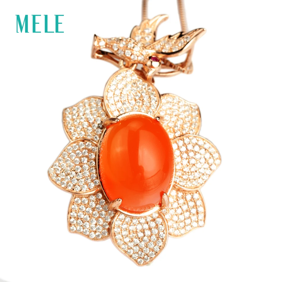 

MELE Natural red agate silver pendant, big oval 12mm*16mm, deep red color ,free bird and beautiful flower for ladies