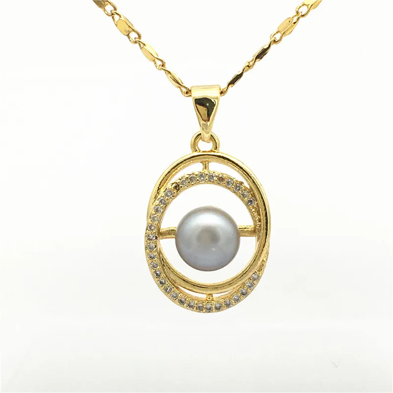 Lady's 5 colors new design white/black/purple/grey/pink 14mm natural freshwater pearls 18kgp inlay zircon pendant with chain 05 |