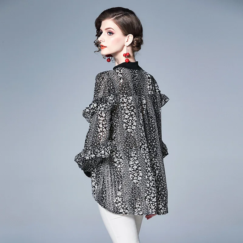 S-XXL spring summer woman blouse shirt beading collar brooch white flower pattern print black loose plus size |