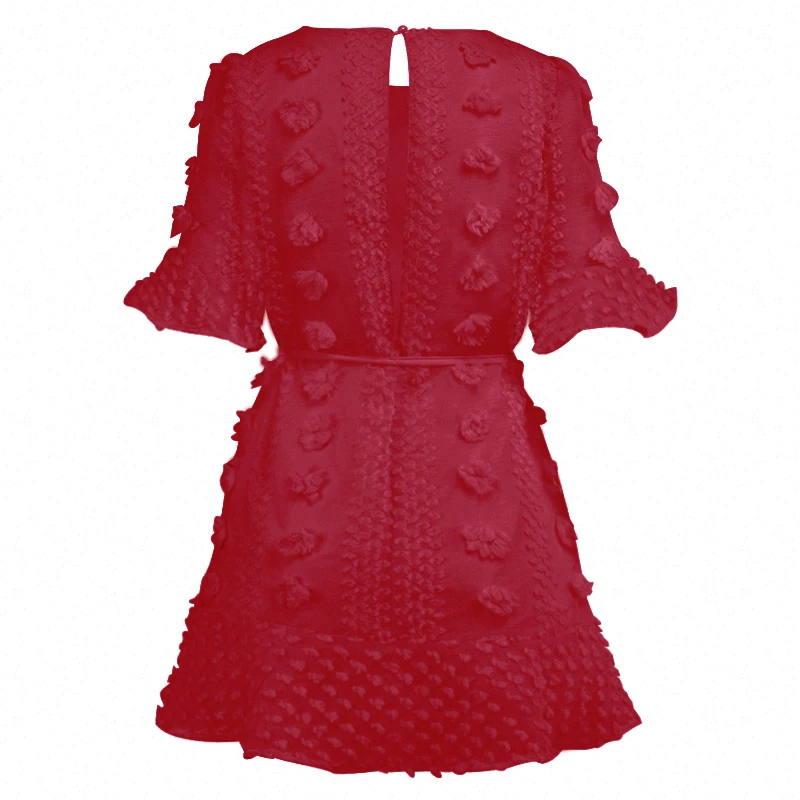 Ruffled Mini Dress Summer Women's Round Neck Short Sleeve Embossed Holiday Beach | Женская одежда