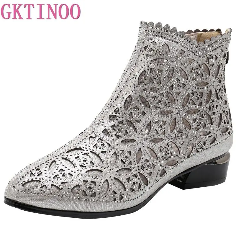

GKTINOO Women Boots Hollow-Out Ankle Boots Crystal Mesh Summer Boots Zapatos Chaussures Femme Square High Heels Women Shoes