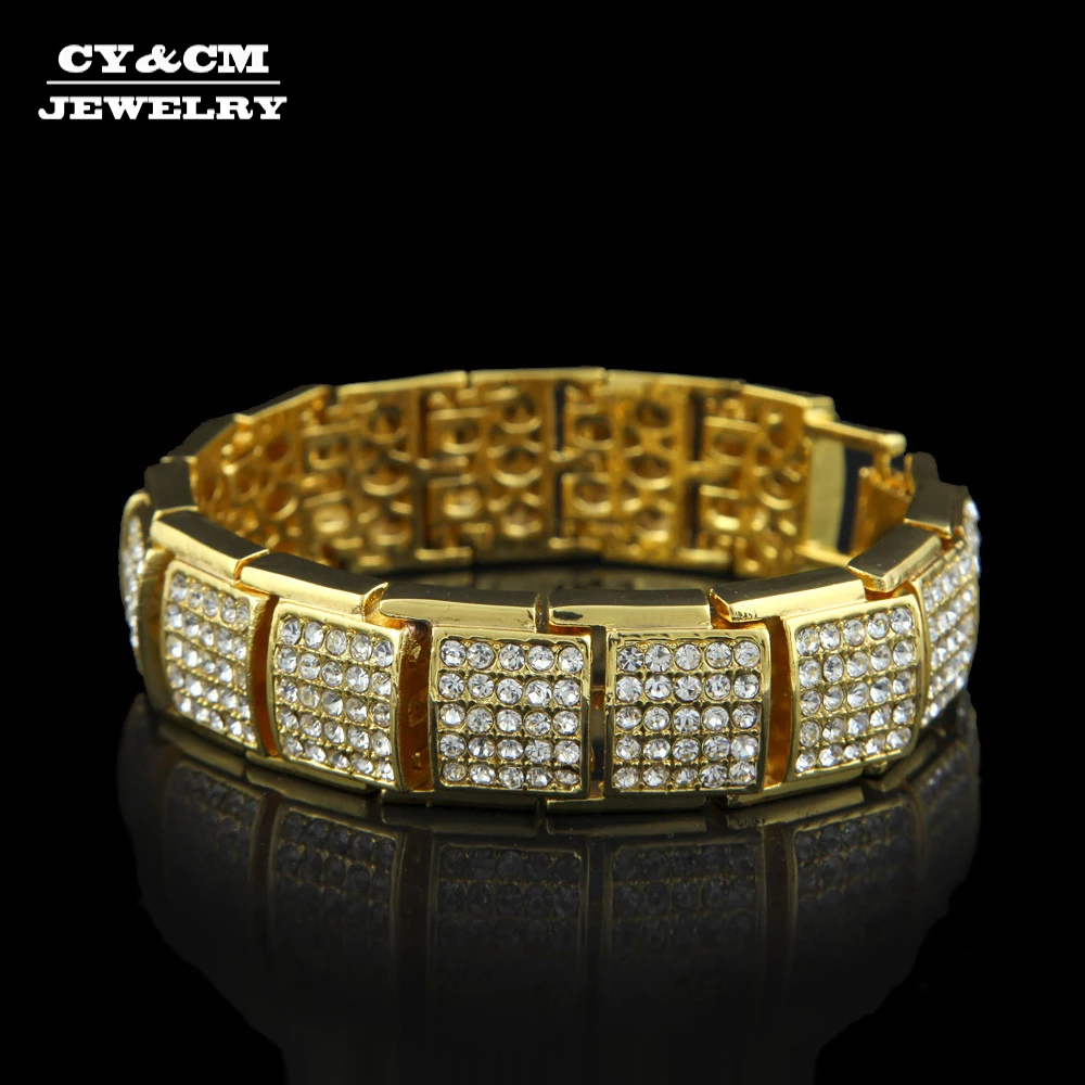 Мужской браслет 17 мм в стиле хип-хоп, сверкающие ювелирные украшения встиле панк со сверкающими кристаллами, золотистые Серебристый браслетбраслеты для женщин, 21 см