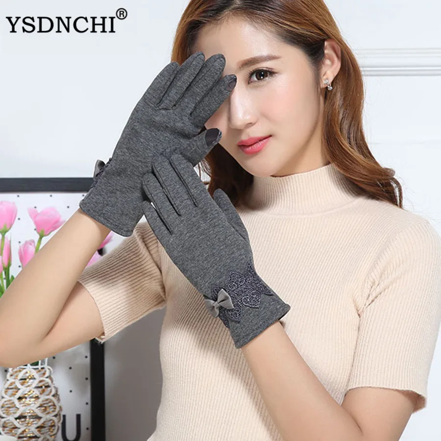 

YSDNCHI Lace Bow Design Mittens Touched Screen Gloves Winter Mittens Women Wrist Length Ladies Riding Outdoor Warm Ski Gloves