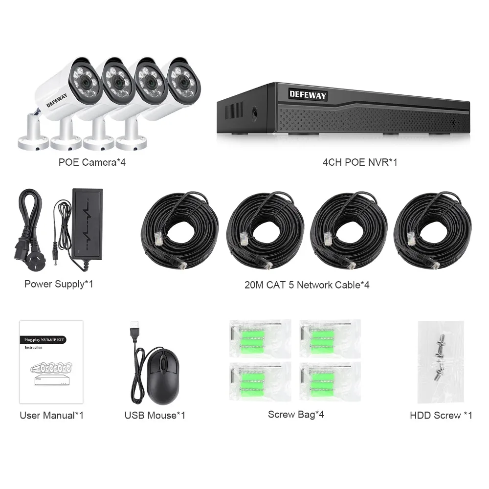 DEFEWAY HD 4CH NVR 1080P POE H.265 + 48 В Комплект системы видеонаблюдения 2MP Водонепроницаемая ip