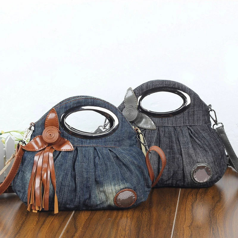 

New Vintage Hobos Fashion bolsa feminina Leather Appliques Denim Jeans Women HandBags Evening Girls Bags Message Tote