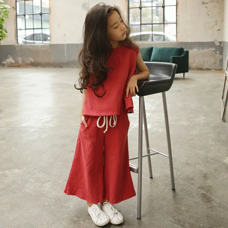 Casual Kids Clothes Suit For Teenage Girls Clothing set 2019 Summer Solid Vest Tshirt Pants 2-piece Soft Cotton Children Outfits | Мать и