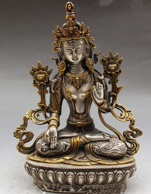 

Tibet Buddhism Silver Gilt Dragon 7 eyes White Tara Kwan-yin Buddha Statue