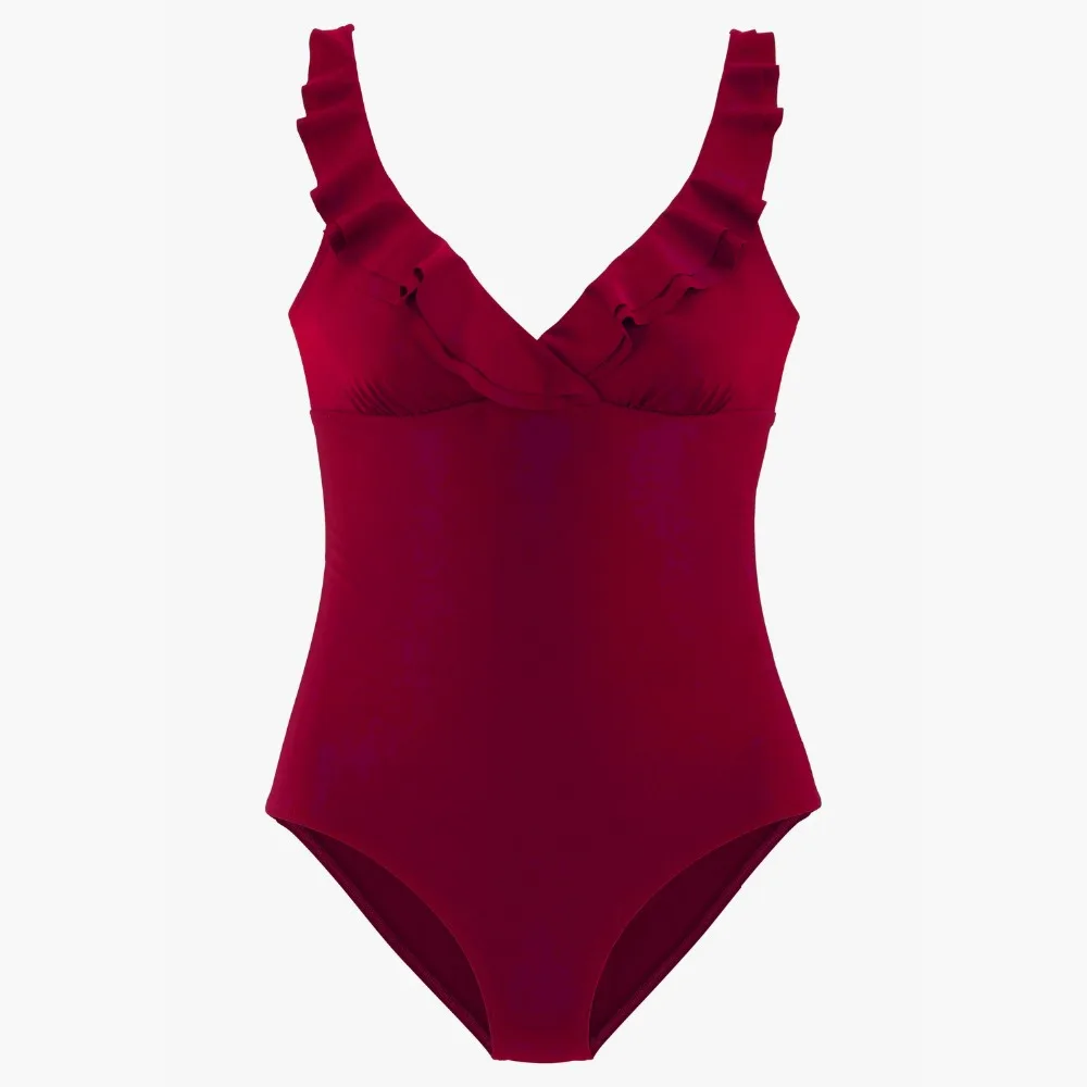 

2018 Sexy Deep-V One Piece Swimsuit Female Women Plus Size Vintage Retro Swimwear High Neck Bandage Ruffle Backless Monokini