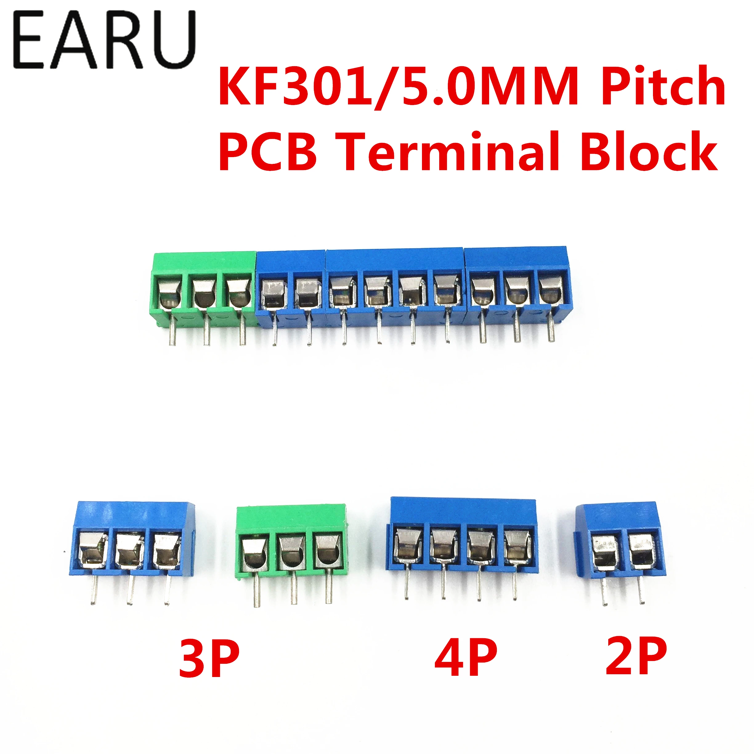 

100Pcs/lot KF301-5.0-2P KF301-3P KF301-4P Pitch 5.0mm Straight Pin 2P 3P 4P Screw PCB Terminal Block Connector Blue Green