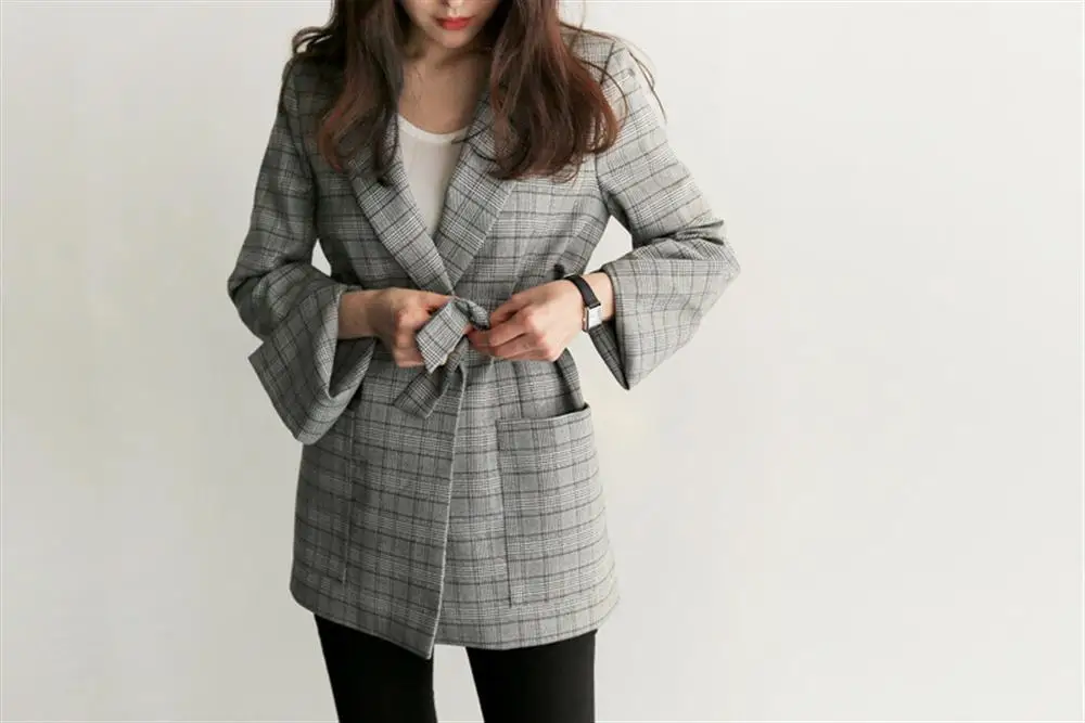 Fashion Autumn Women Jackets Gray Plaid Long Sleeves Coats With Sashes Plus Size Office Lady Jacket Work Wear Oversize | Женская одежда