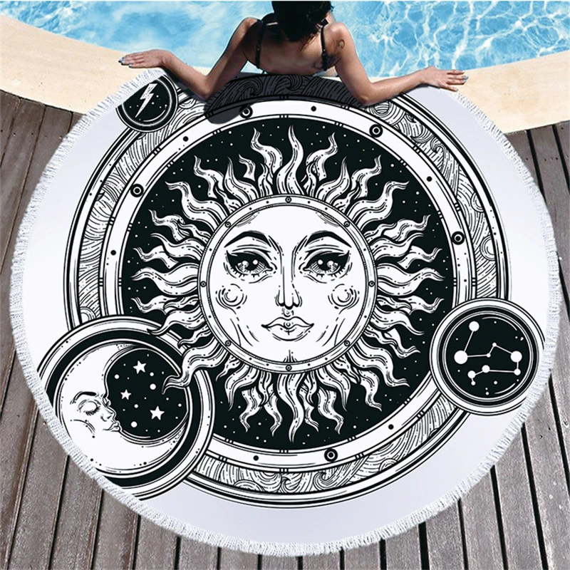 The Sun Moon Printed Bohemia Microfiber Large Round Beach Towel for Adults Hippie Thick India Yoga Mat Tassel Blanket Home Decor | Дом и сад