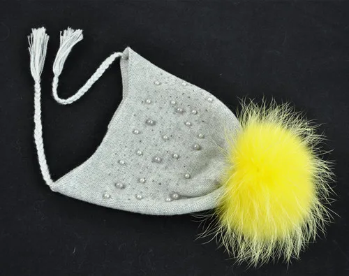 Light grey yellow Детская меховая шапка с помпонами, зимняя теплая, настоящий большой меховой шарик, шапка с тесьмой, Детская эластичная вязаная шапочка, шапки для мальчиков и девочек - Цвет: Light grey yellow
