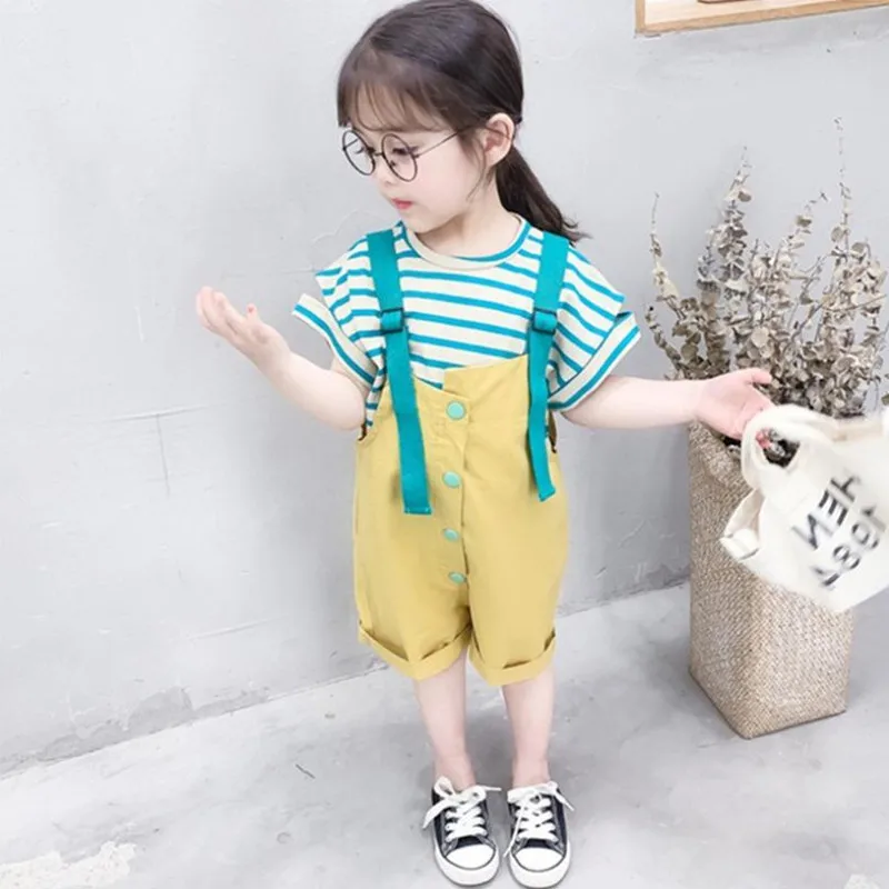 

New Baby Girls Clothing Set 2019 Summer Fashion 2pcs Outfits Short Sleeve Cotton Striped T-shirt+Overall Toddler Clothes 2-7Yrs