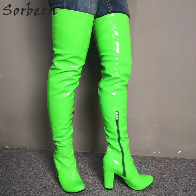 Sorbern Neon Green/женские облегающие высокие сапоги на блочном каблуке; Модные женские облегающие расклешённые сапоги