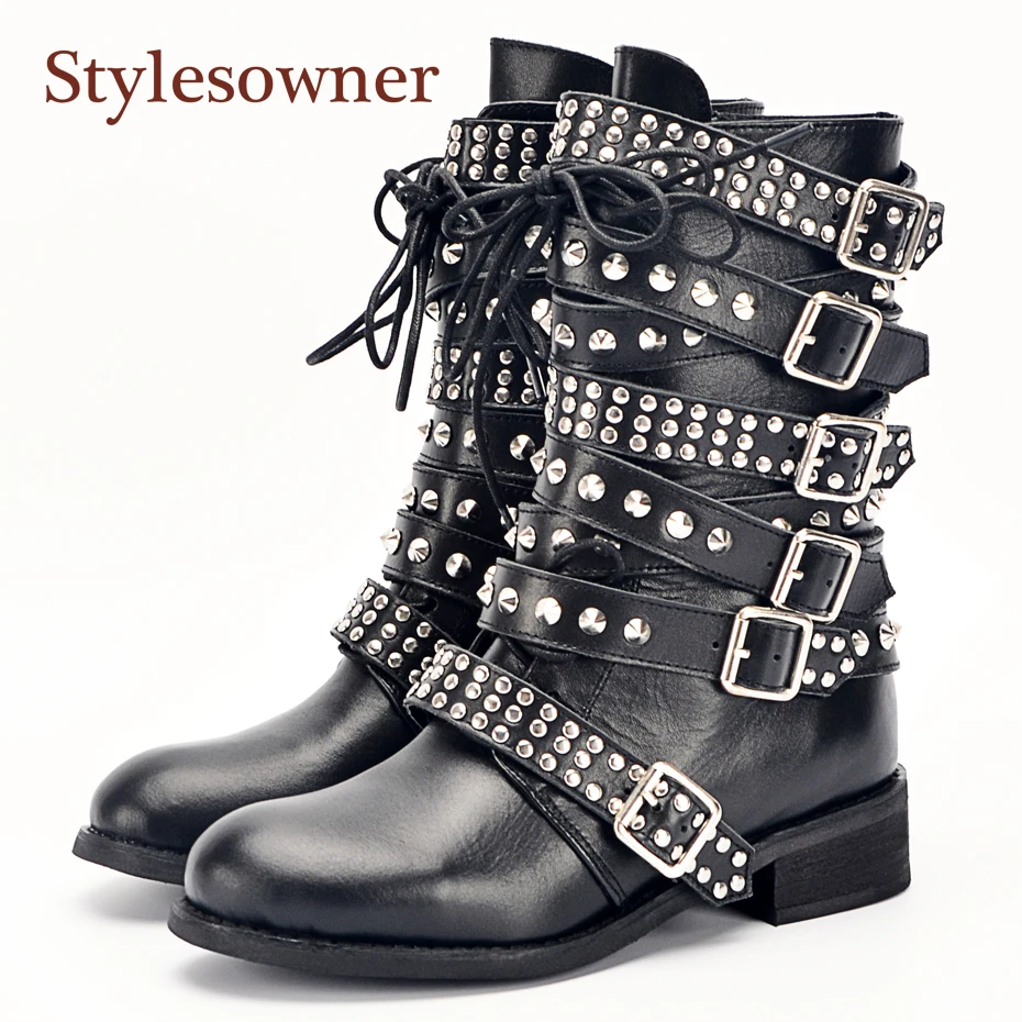Stylesowner новейшая одежда высшего качества с большой пряжкой и ремешками Шипы Заклепки Шпильки женские короткие сапоги панк крутые мотоциклетные сапоги женская обувь