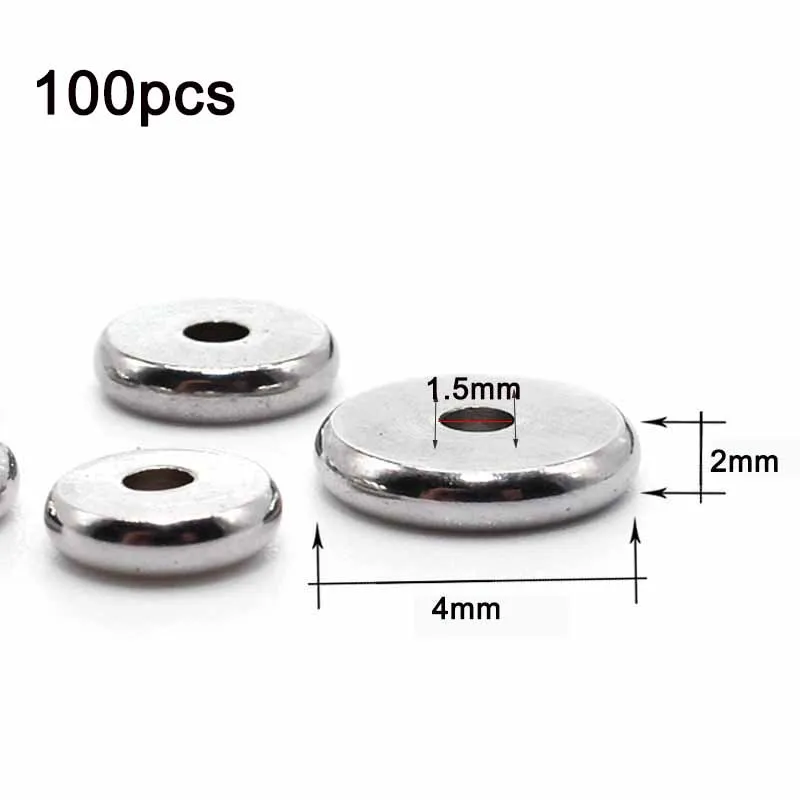 4x2x1.5mm 100pcs 1 упаковка, нержавеющая сталь Плоская Круглая 4 5 6 8 10 мм свободные рондели разделительные бусины с большим отверстием для DIY браслет для изготовления ювелирных изделий - Цвет: 4x2x1.5mm 100pcs