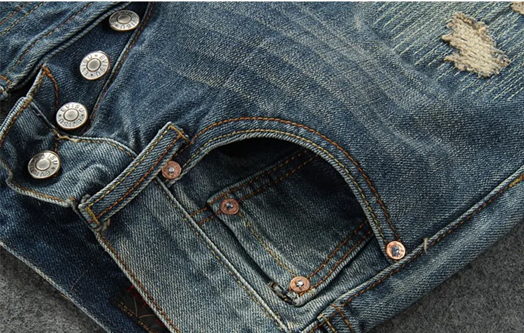 Весна-Осень 2016 прямые мужские джинсы с заплатками дырками винтажные