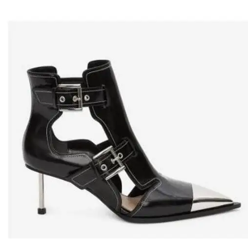 black with high heel Летние женские ботильоны с заклепками; Черные полусапожки с вырезами и ремешком с пряжкой; модные брендовые туфли на плоской подошве с острым металлическим носком в стиле панк - Цвет: black with high heel