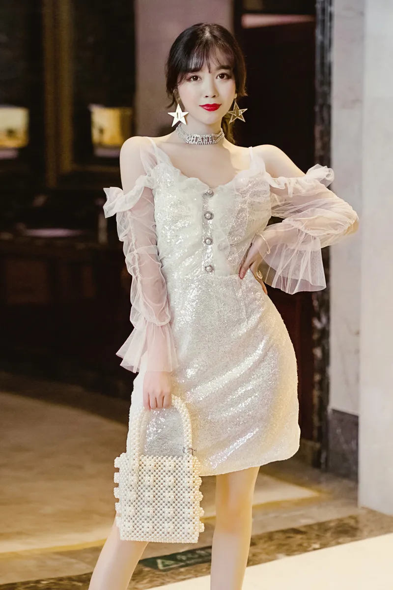 Summer Sexy Deep V Neck Nightclub Dress Blingbling Sequined Fairy Mesh Chic Mini Women Cold Shoulder A Line Party | Женская одежда