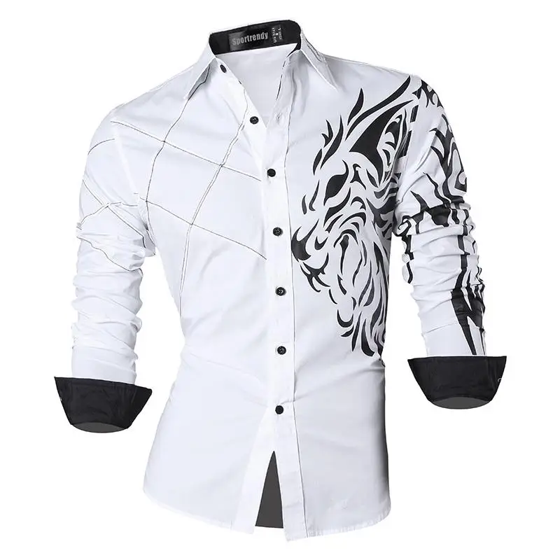 JZS045-White Sportrendy Мужская рубашка платье повседневное с длинным рукавом Slim Fit Мода Дракон стильный JZS041 - Цвет: JZS045-White