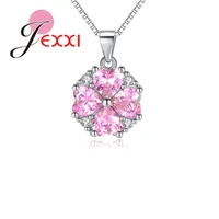 shiny pink cubic zircon beautiful 925 sterling silver box chain with flower pandent necklace for women girls lady gifts
