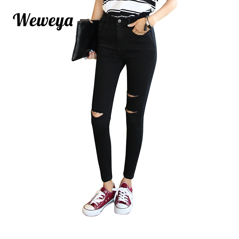 Weweya Skinny High Waist Ripped Jeans Women Black Denim Pants Hole Stretch Pencil Jeggings Femme | Женская одежда