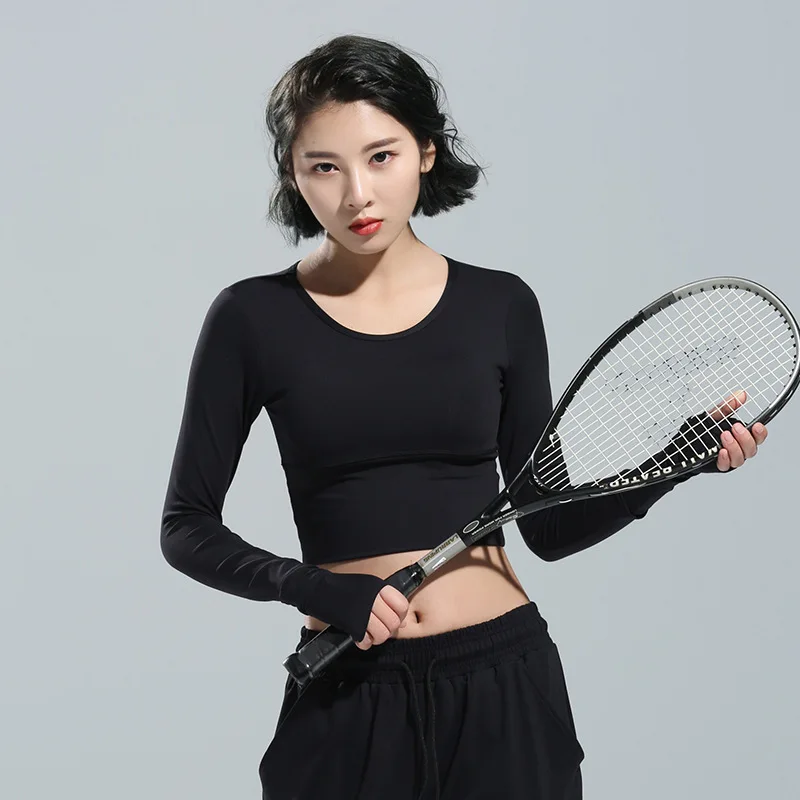 Черный сетчатый топ с длинным рукавом для йоги Женская Спортивная футболка