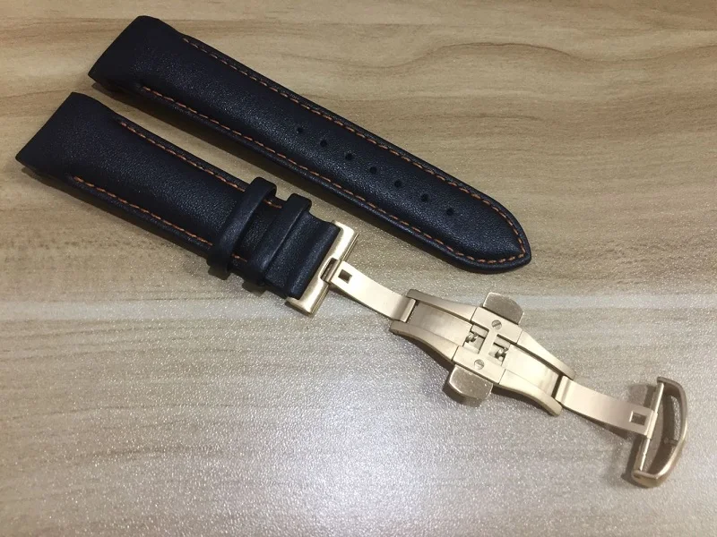 With Gold Buckle 22 мм T035407A T035410 высокое качество серебряная бабочка пряжка оранжевый прошитый черный гладкий ремешок из натуральной кожи для T035 ремешок - Цвет ремешка: With Gold Buckle