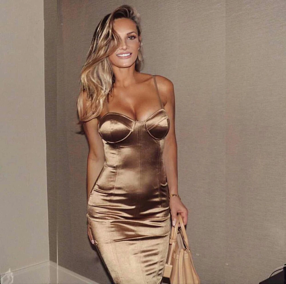 Sexy Party Midi Dress Bodycon Satin Shiny Sleeveless Split Back Straps Gold Red Knee length Dresses Black | Женская одежда