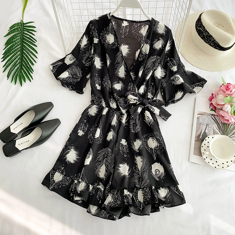 2019 новые модные женские комбинезоны с растительным принтом короткими рукавами