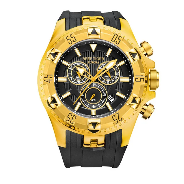 Reef Tiger брендовые Многофункциональные часы Мужские Кварцевые Спортивные Светящиеся мужские s часы Роскошные резиновые водонепроницаемые хронограф reloj hombre - Цвет: RGA303-YGB